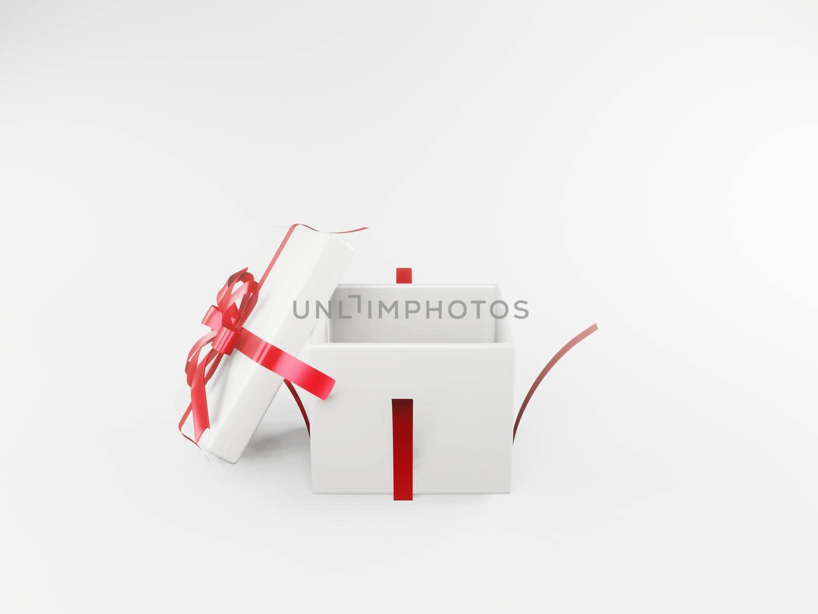 Open gift box or gift box with red ribbon and bow isolated on white background with 3d shadow rendering. Festival concept, gift-giving, special day, Christmas, valentines day and celebrations new Year