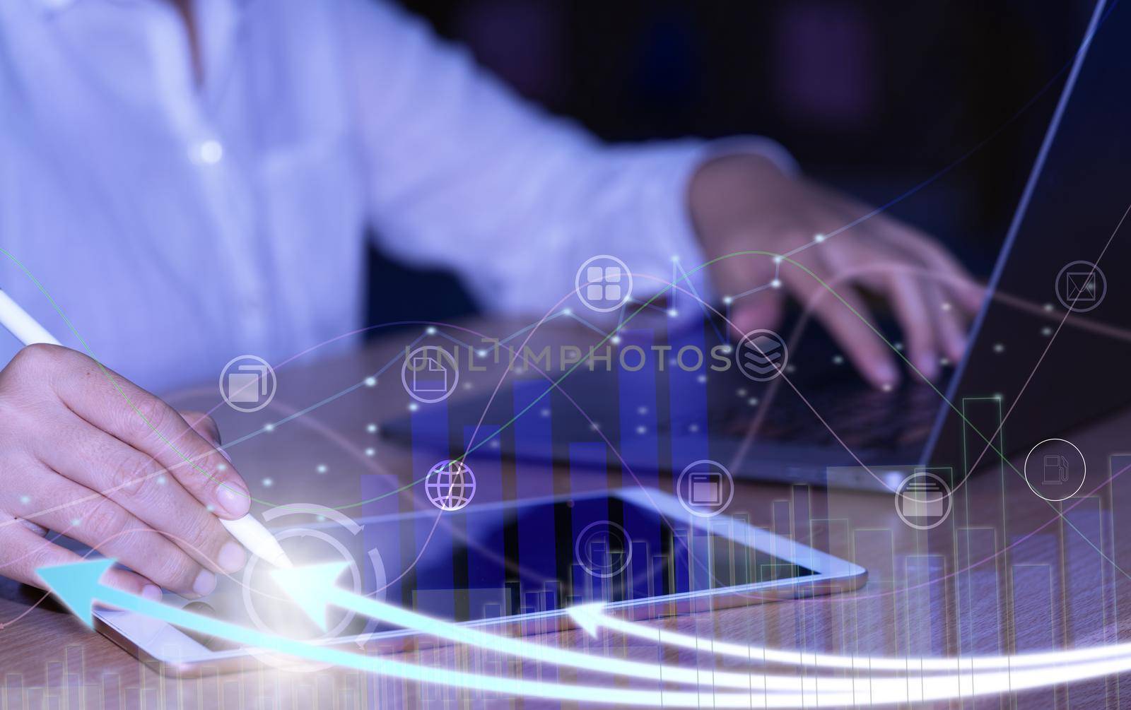 Businesswoman using laptop analyzing sales data and drawing growth graph with icon customer network connection on a virtual interface, Business strategy, Digital marketing. by noppha80