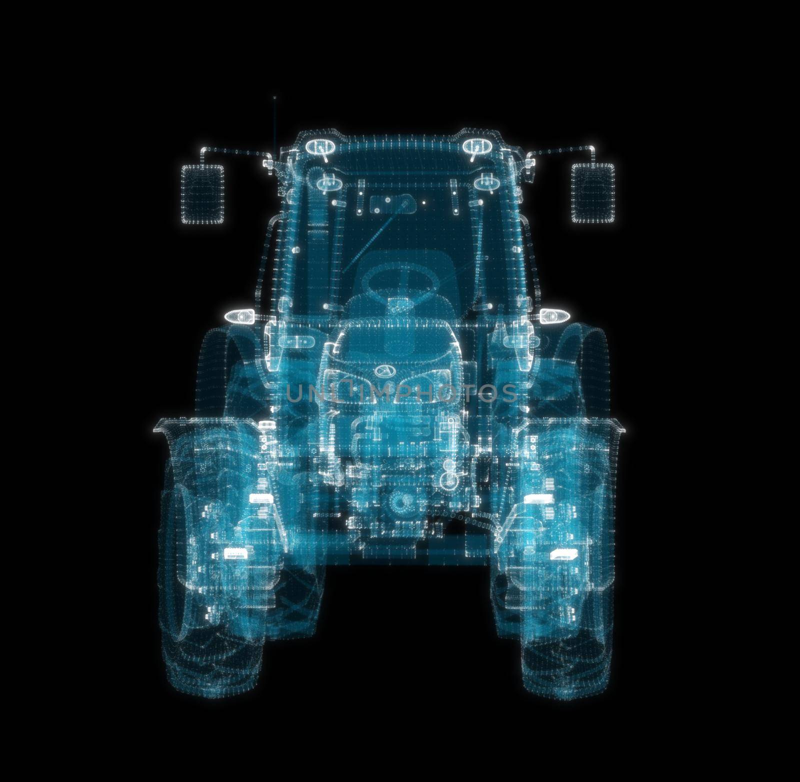 Farm Tractor consisting of glow points and lines. 3d illustration by cherezoff