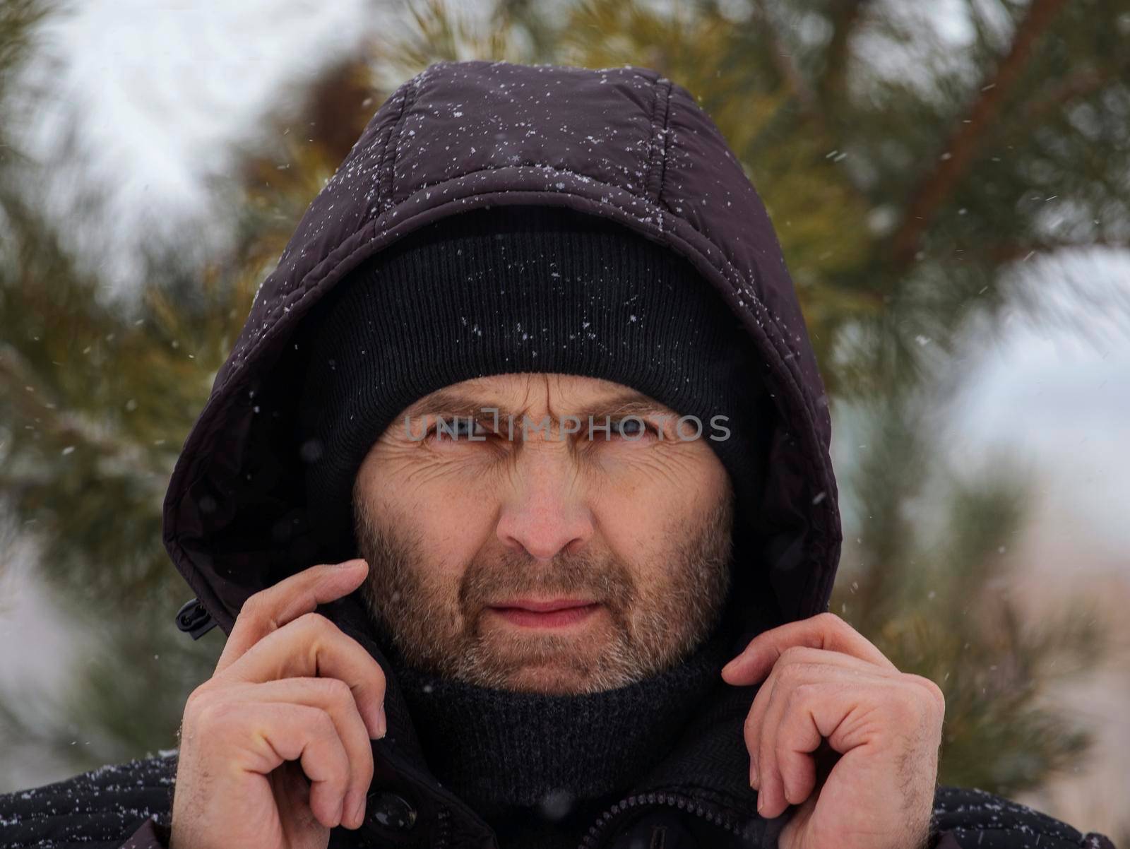 Portrait of a handsome strict man holding a hood with his hands. A man in a hood with a beard looks at the camera against the background of a fir branch.