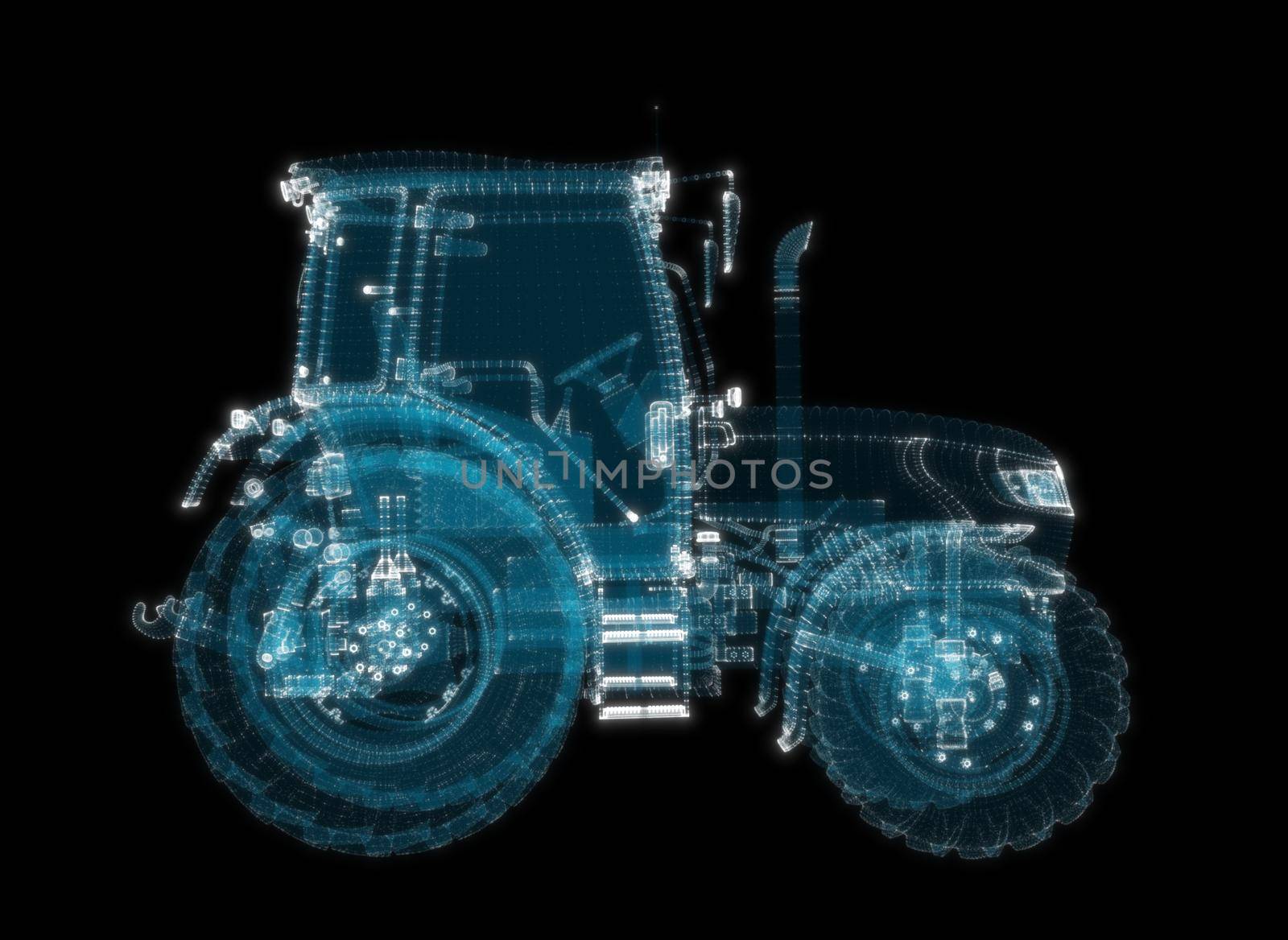 Farm Tractor consisting of glow points and lines. 3d illustration by cherezoff