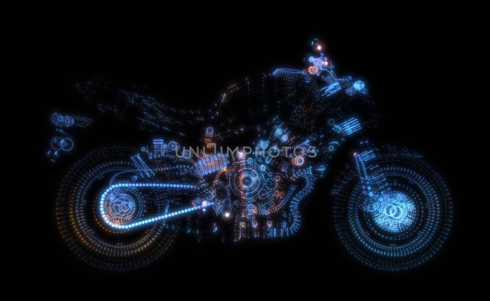 Abstract motorcycle consisting of glow points and lines. 3d illustration by cherezoff