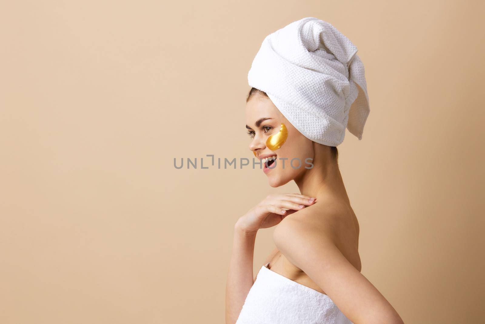 portrait woman skin care face patches bare shoulders hygiene isolated background by SHOTPRIME