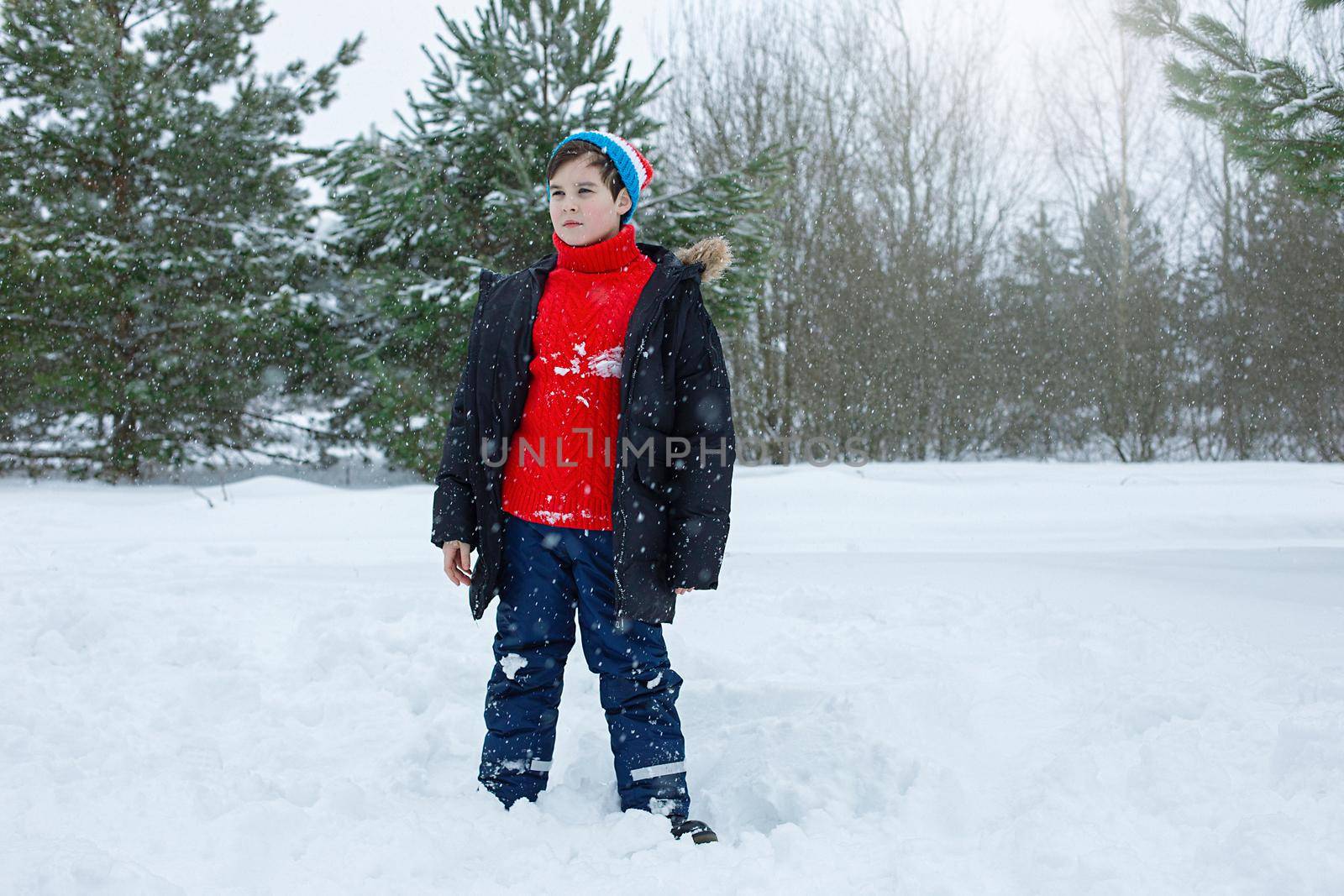 A cute teenager boy in a dark jacket, hat and a red sweater stands in a winter park on the snow