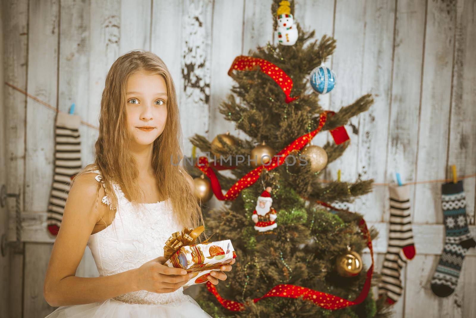 caucasian girl model with long wavy blond hair in a white Fluffy dress with a gift in her hands stands by a Christmas tree decorated with balls. Girl looks at the camera in the Christmas New Year studio. In the background are Christmas socks with ornaments on the wall. Close-up. High quality photo