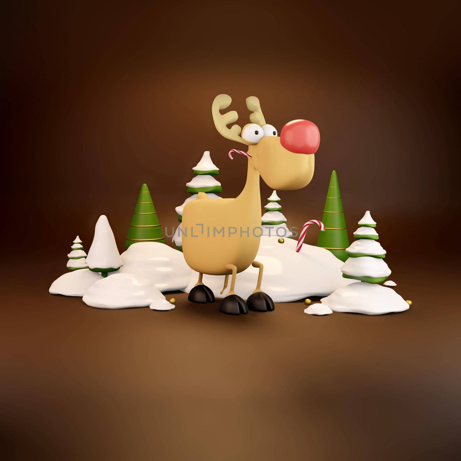 New 2022 Year is coming. Deer in snow, candy and green chrisnmas trees. Illustration