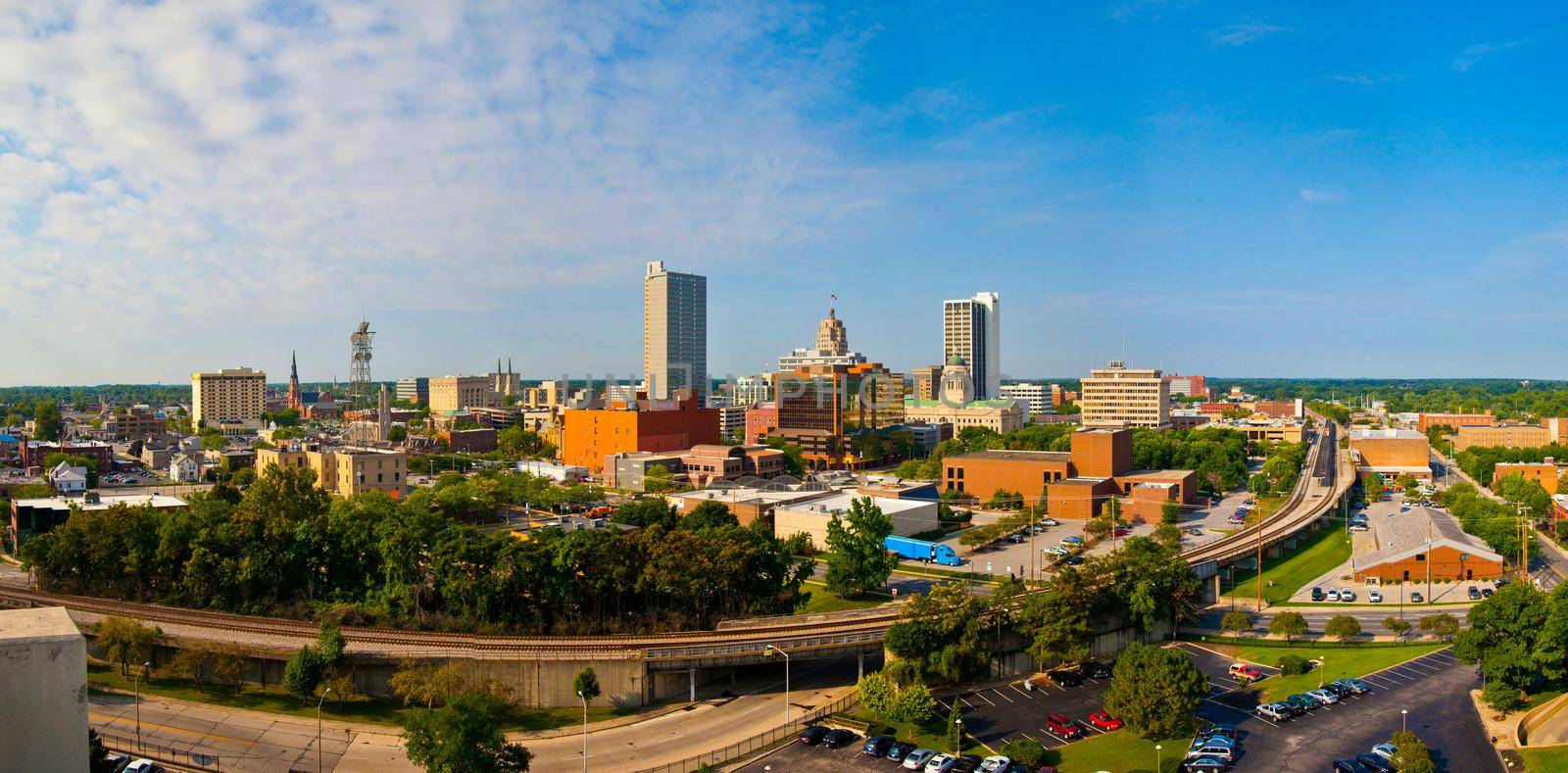 Image of Panoramic skyline of Fort Wayne with buildings and trees and roads