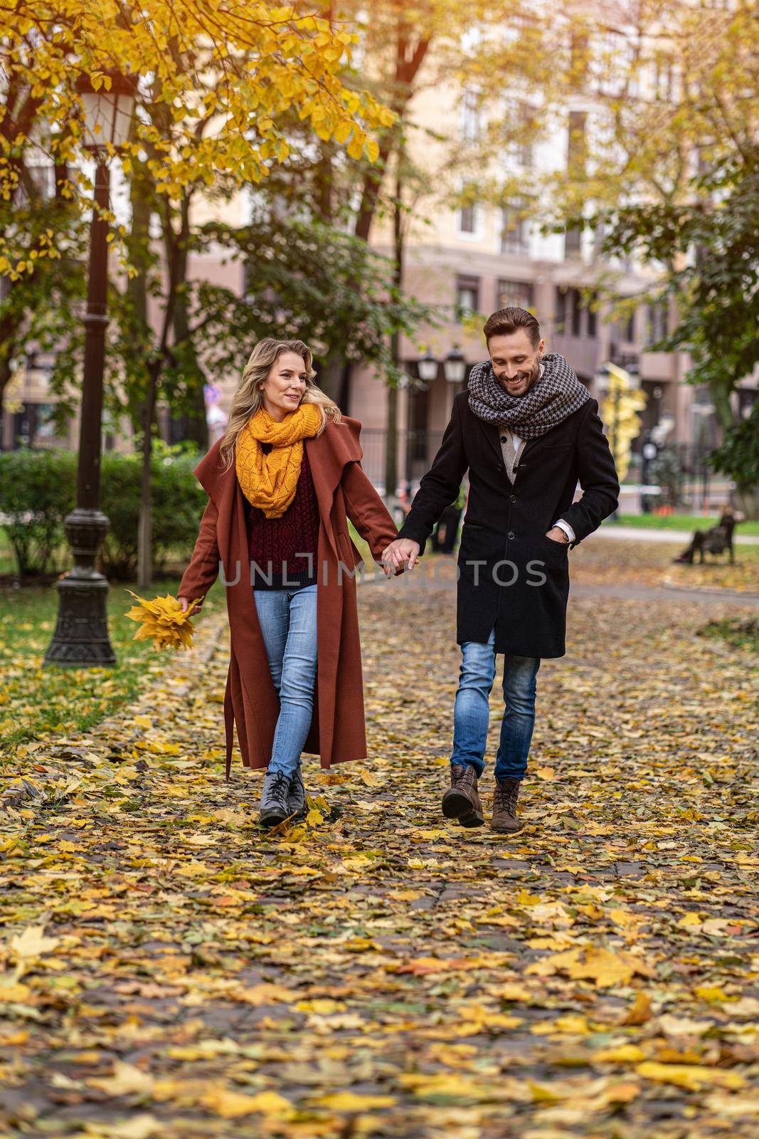 In love couple walking in the autumn park holding hands. Outdoor shot of a young couple in love walking along a path through a autumn park. Tinted image.