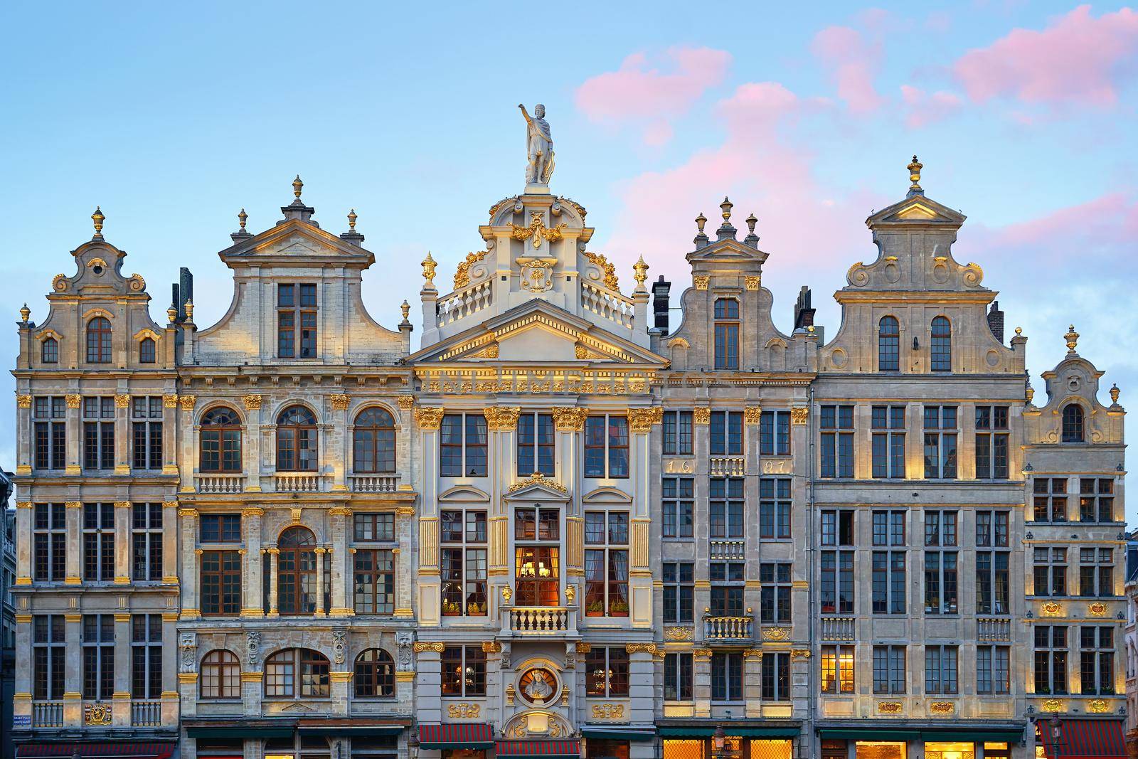 Brussels Grand Place. North-east part. Row of old beautiful stone buildings facades.
