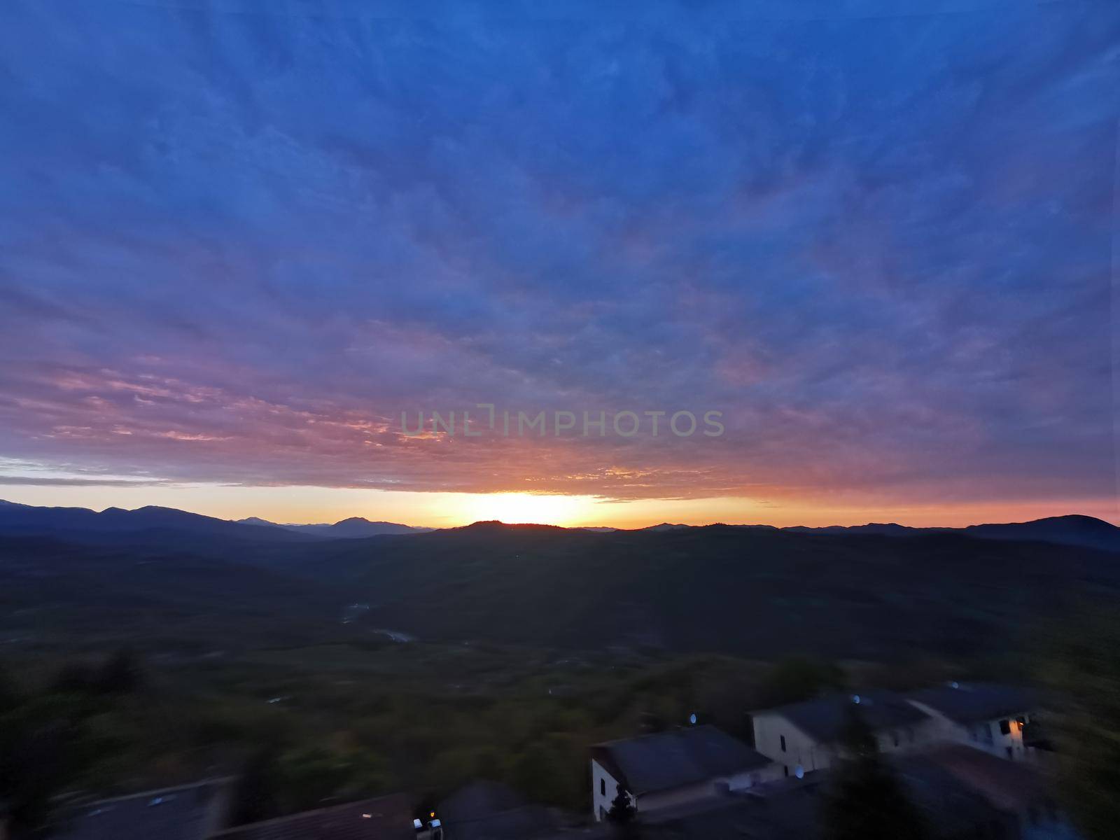 panorama of the sunset from the castle of MonteFiorino Modena on the hills. High quality photo