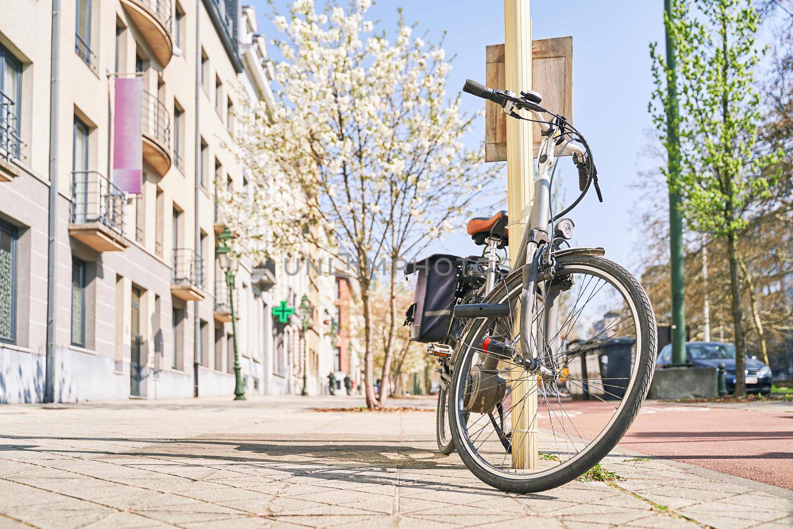 Bicycle with pannier bags trunk for luggage parked on the sunny spring street with blooming trees. Food delivery serice. Copy space.