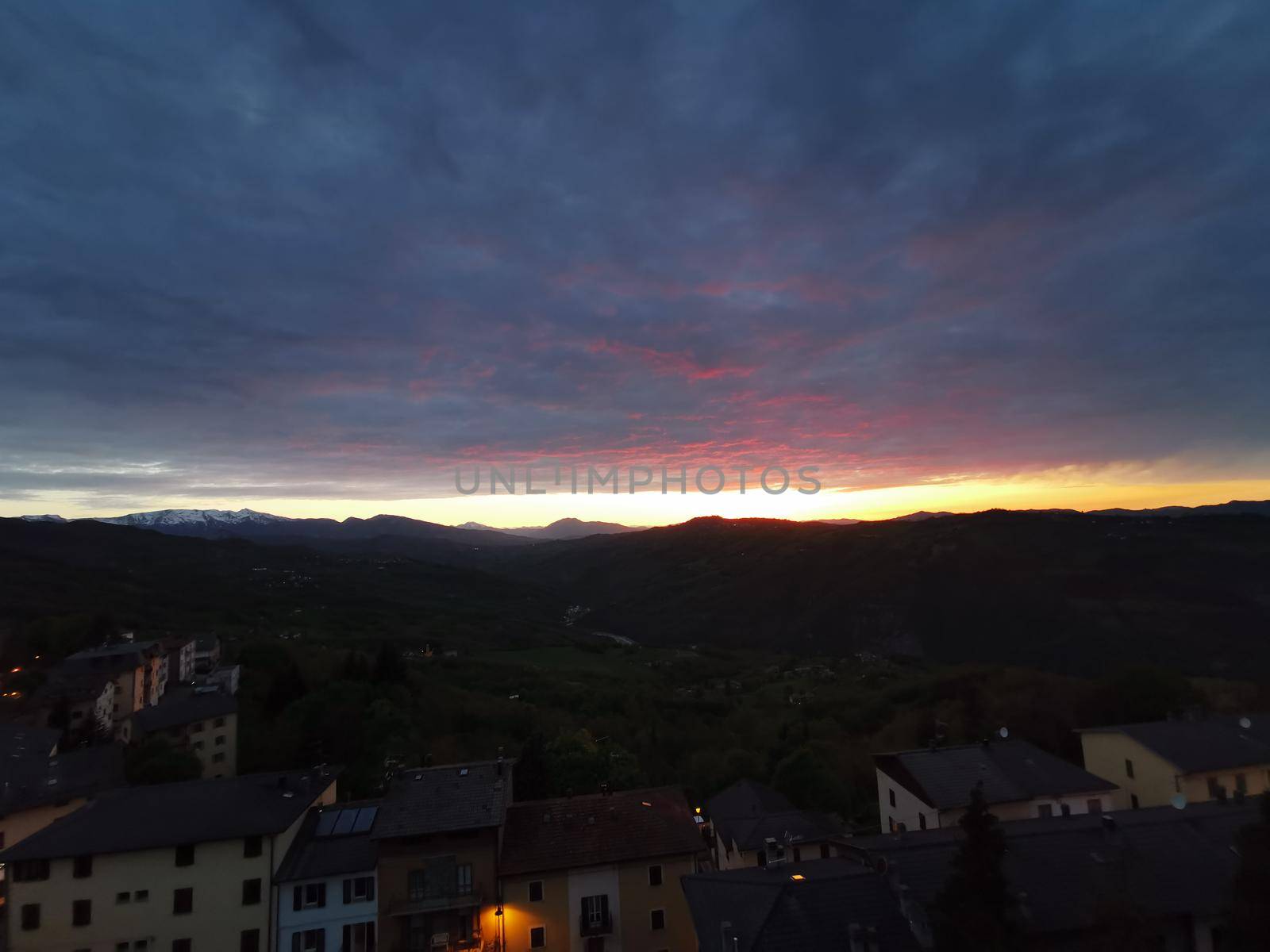 panorama of the sunset from the castle of MonteFiorino Modena on the hills. High quality photo