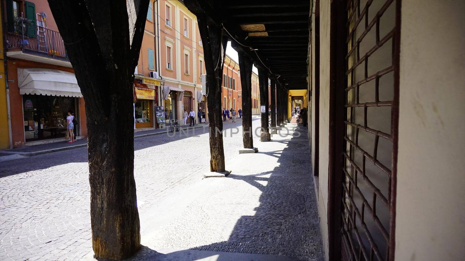 arcades of Cento di Ferrara with wooden columns. High quality photo