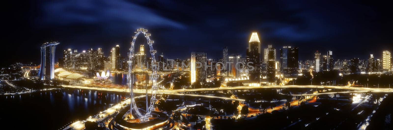 Beautiful Gold view of Singapore night. Skyscrapers at the Marina Bay. Panorama of the sights of Singapore by EvgeniyQW