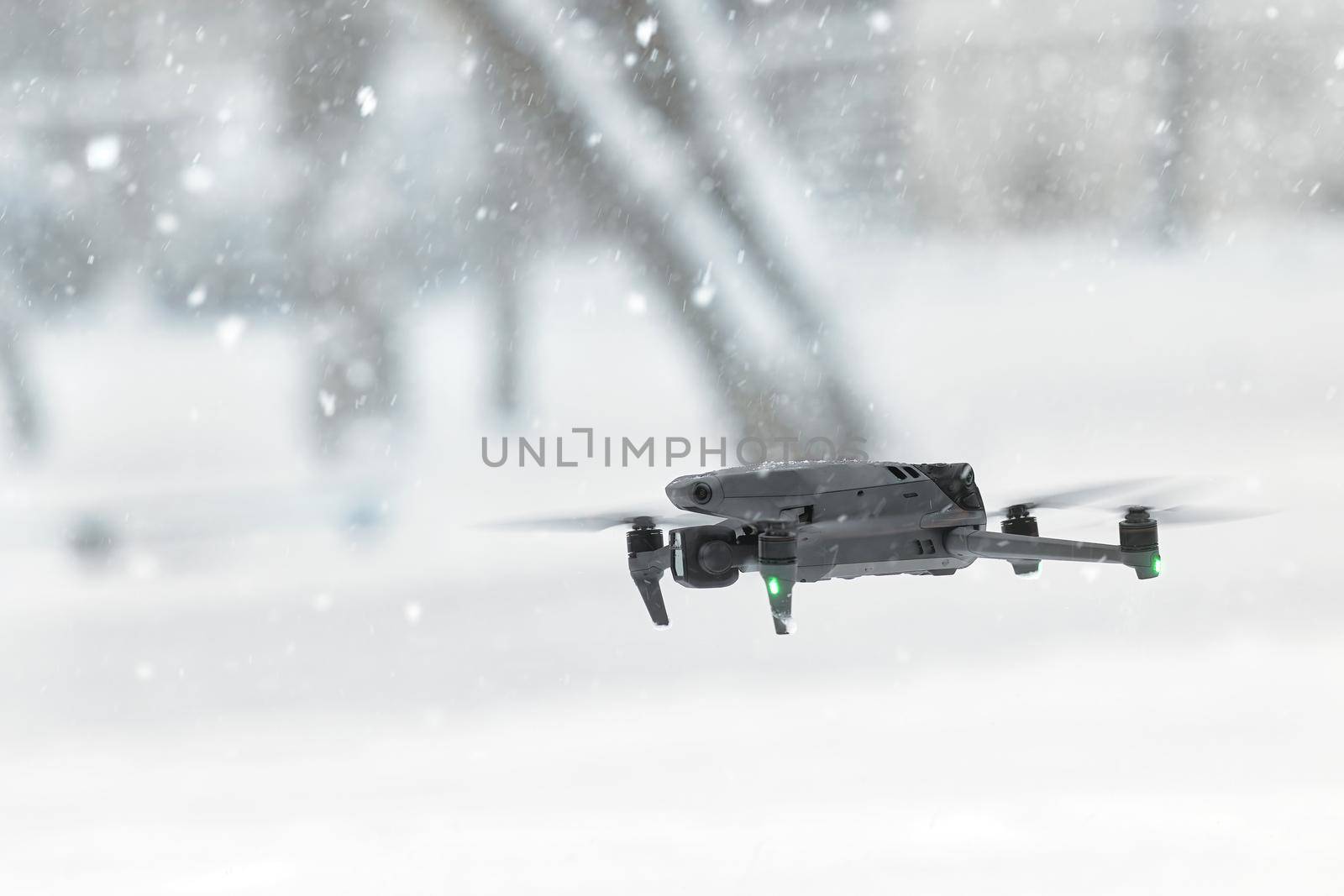 New DJI Mavic 3, flying in snow conditions. DJI Mavic 3 one of the most portable drones in the market, with Hasselblad camera. 25.01.2022 Rostov-on-Don, Russia.