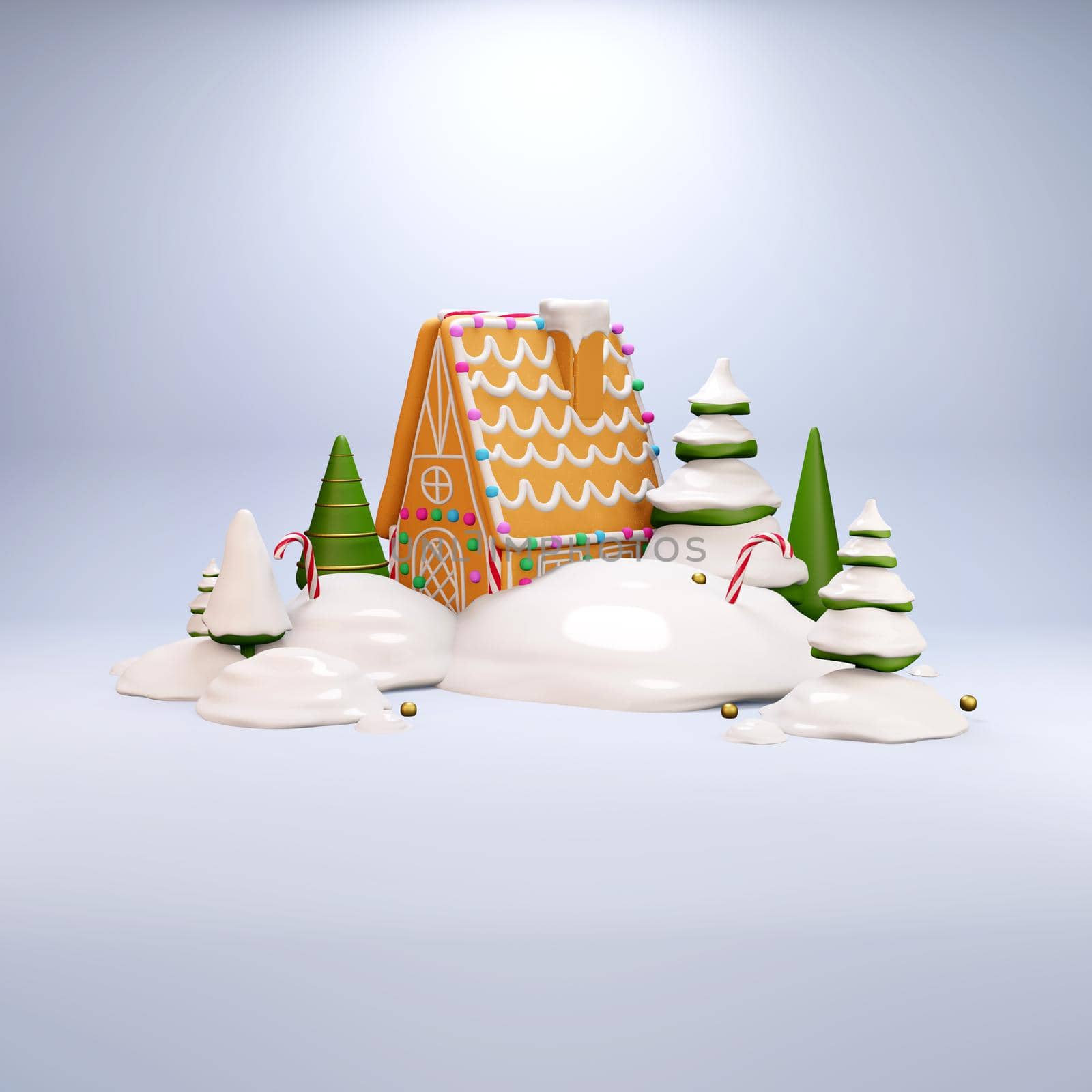 New 2022 Year is coming. Gingerbread house, christmas tree in snow on ligth blue background. Set of christmas 3d realistic icons. 3d illustration