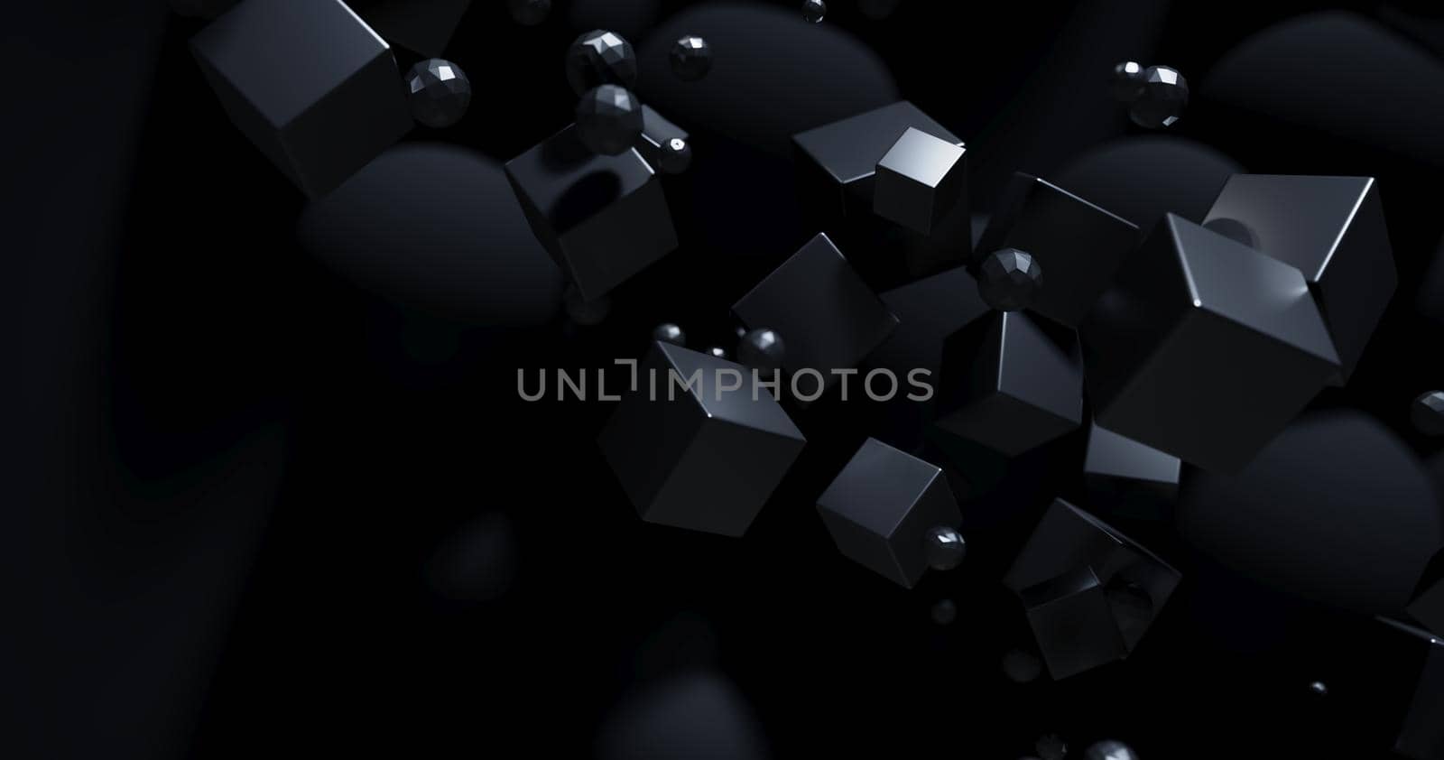 Polygonal objects in dark space, abstract futuristic black background design, 3d rendering by Dvorak