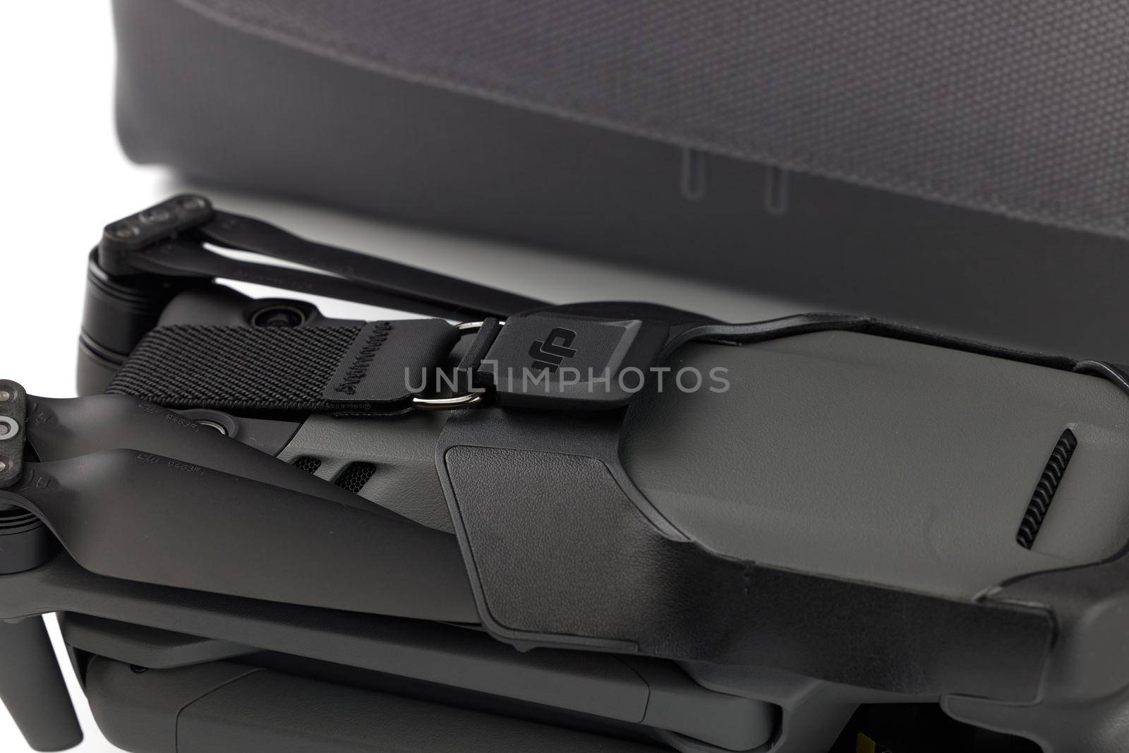 New DJI Mavic 3 drone on a white background when unpacking. Details of the new copter close-up. DJI world leader developer and manufacturers in UA. 17.12.2021, Rostov region, Russia.