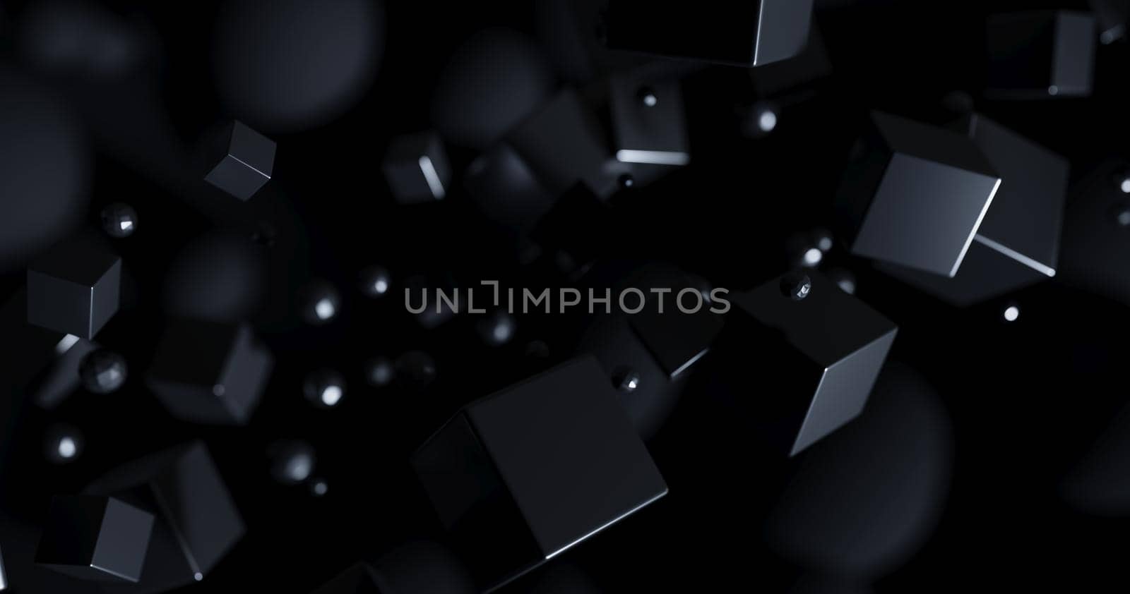 Polygonal objects in dark space, abstract futuristic black background design, 3d rendering.