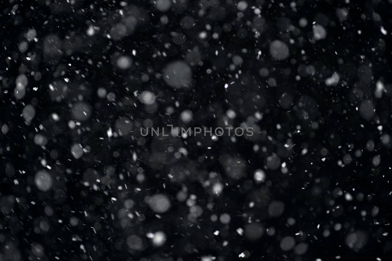 Snowfall on black background. Snowfall in the night sky, real snowflakes fall in the night.