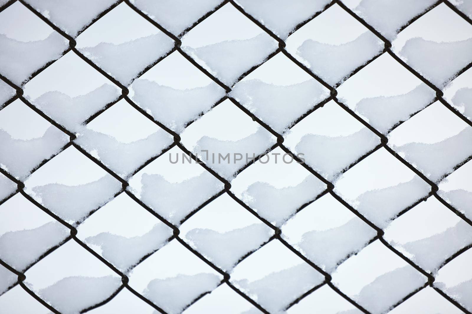Snow on a mesh fence close-up, snow fence. Abstract winter background. Snow on a wire fence.