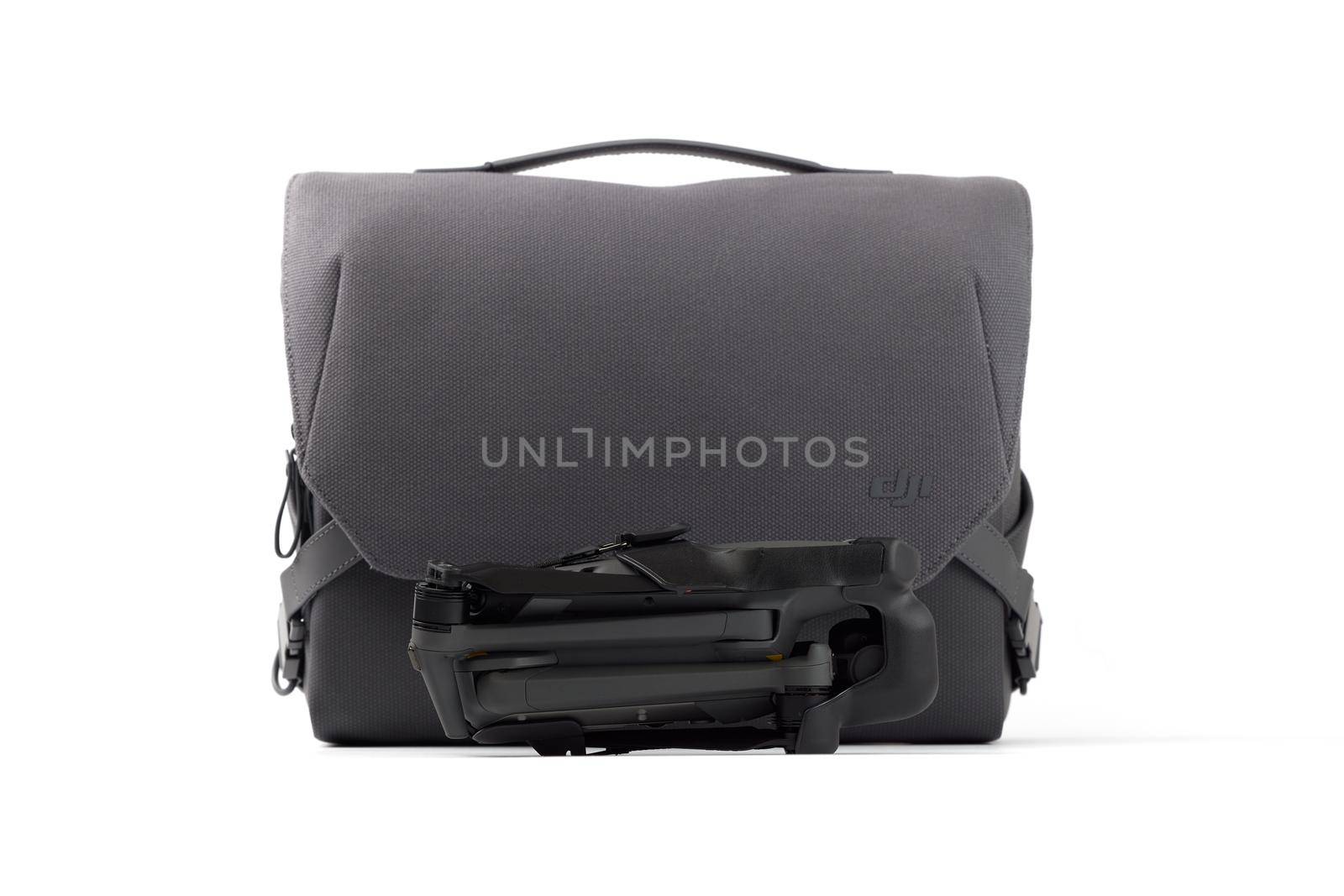 New DJI Mavic 3 Drone bag isolated on white. Accessory for carrying and storing the quadcopter. DJI world leader developer and manufacturers in UA. 17.12.2021, Rostov region, Russia.