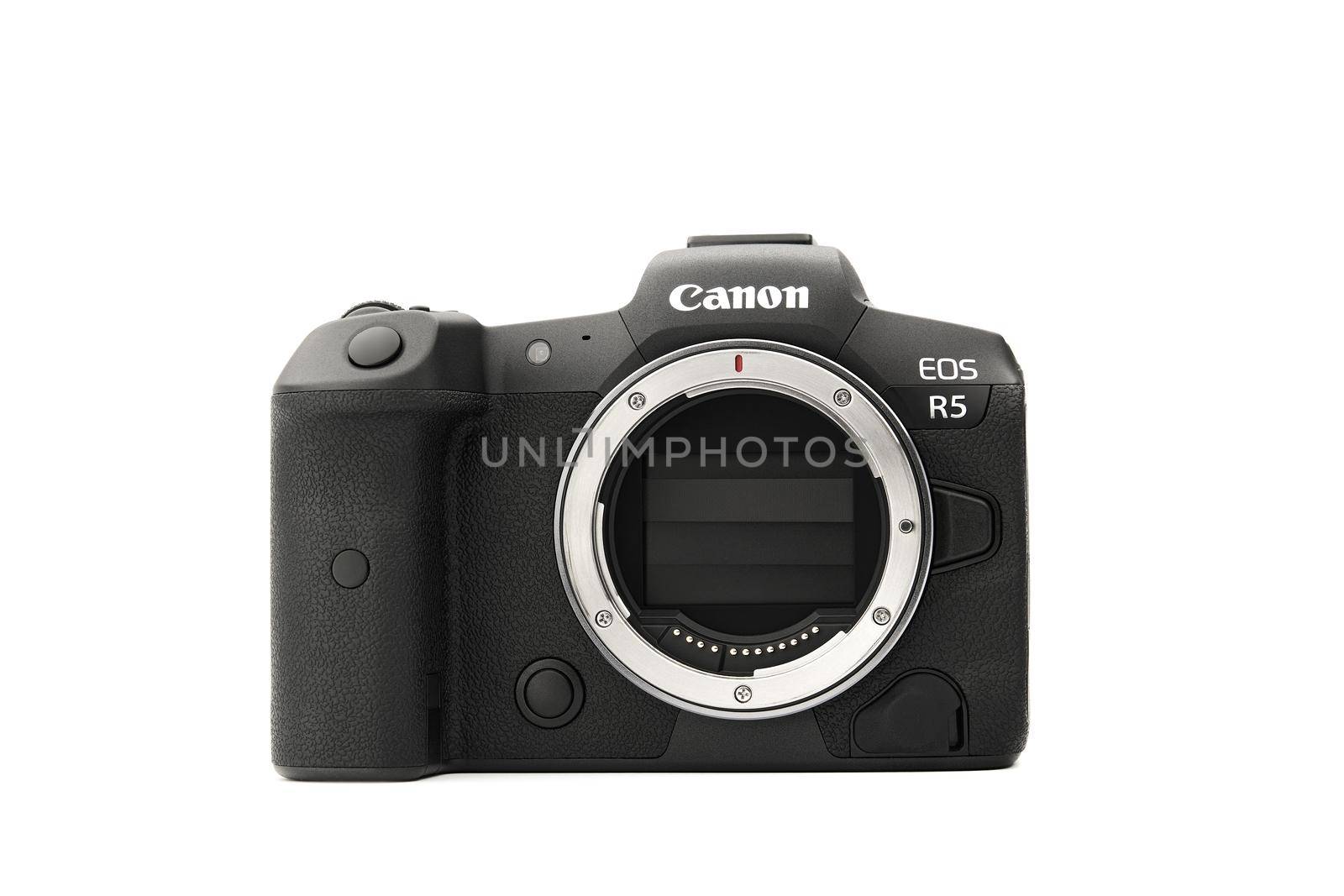 Canon EOS R5 Mirrorless Digital Camera with 8k raw video on a white background. One of the most powerful mirrorless cameras on the market. 03.04.2021, Rostov region, Russia.