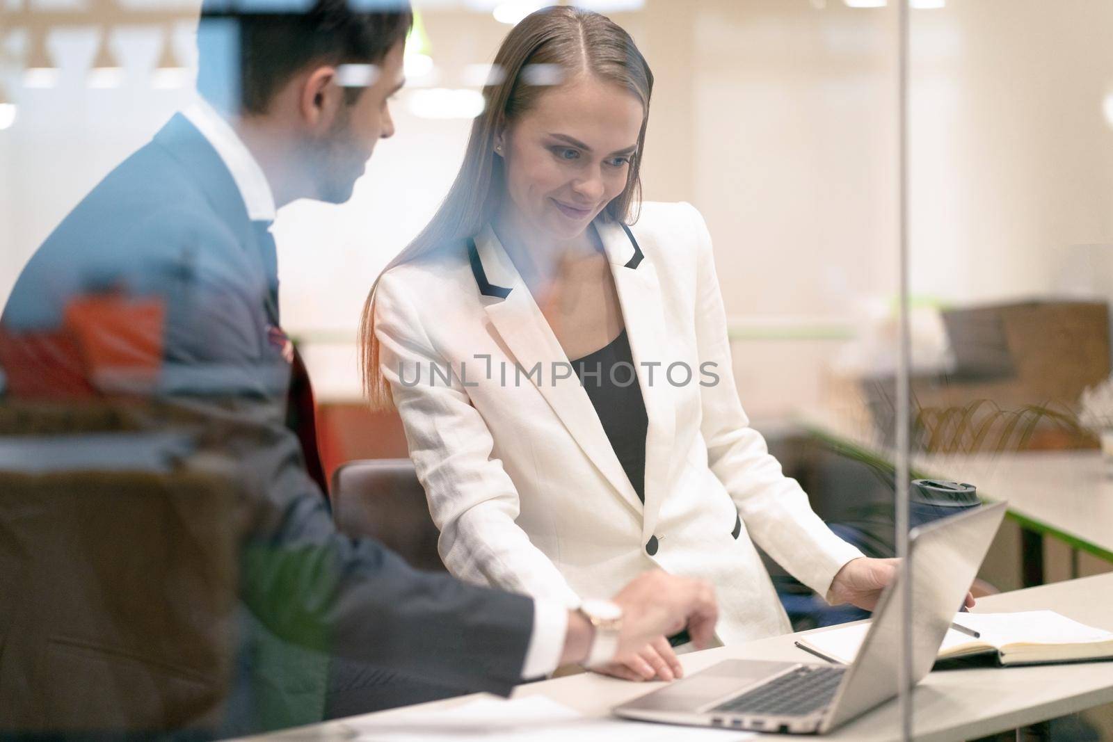 Business Couple, Man and Woman, Have a Meeting in the Office, Look at the Screen of a Laptop, Discuss New Trends in the World Market ,View Through the Glass Wall. Close-up by LipikStockMedia