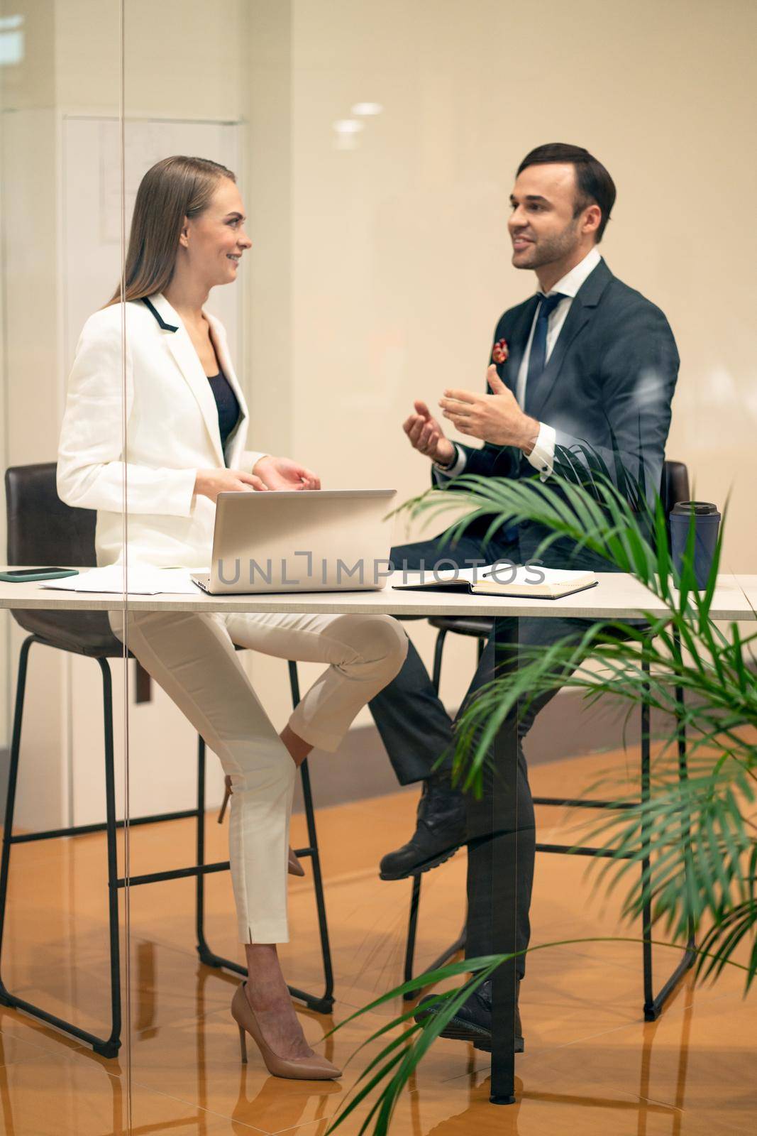 Business People, Female and Male are having a Nice Conversation at a Table in a Coworking Space. Working Relationship, Discussion, Decision Making, Presentation, Interview. View Through the Glass Wall. Face to face. Close-up. Full-length. High quality photo