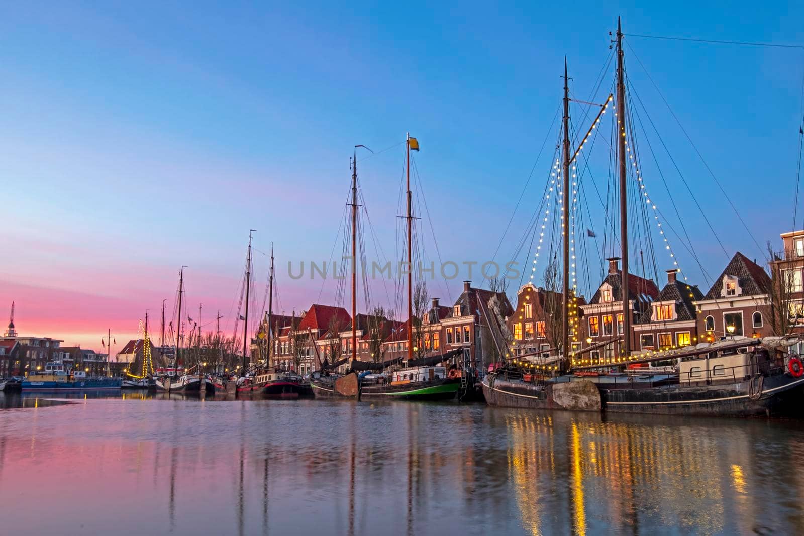 Harbor from Harlingen in Friesland the Netherlands at sunset by devy