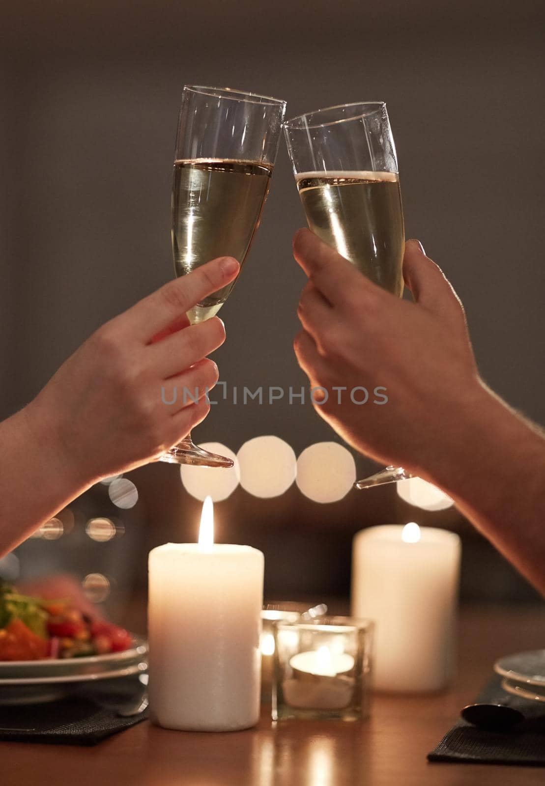 Heres to love, heres to life, heres to us. Cropped shot of a couple toasting during a romantic dinner. by YuriArcurs