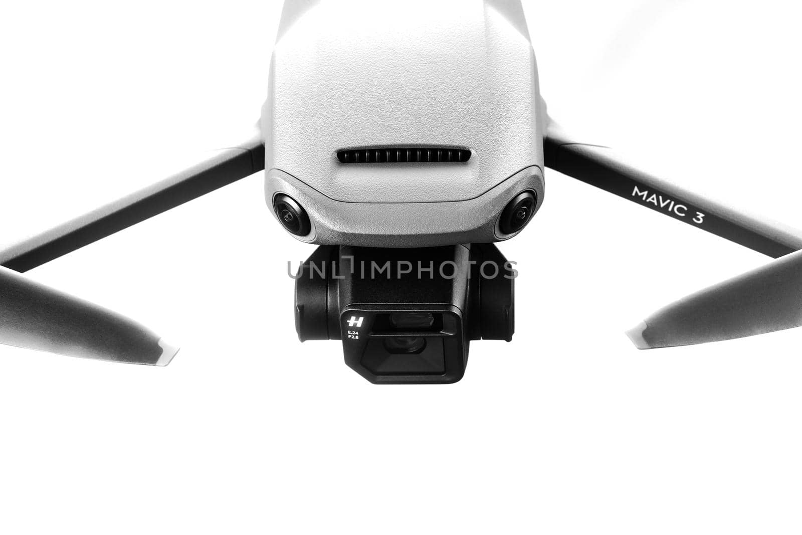 Drone portrait on white background. Copter with professional Hasselblad camera. Commercial UAV, New DJI Mavic 3 drone on white background. 17.12.2021, Rostov region, Russia.