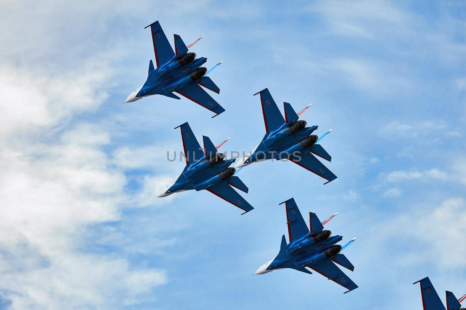 Performance of the aerobatic team Russian Knights, Russian Air Force. On planes Sukhoi Su-30SM, NATO code name: Flanker-C. International Military-Technical Forum Army-2020 . 09.25.2020, Moscow, Russia