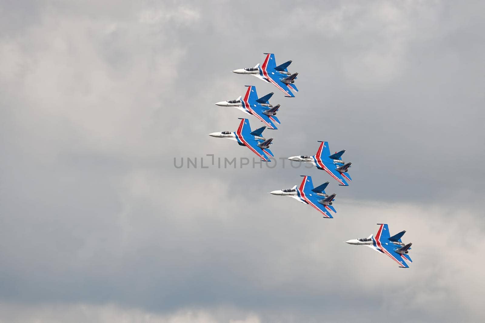 Performance of the aerobatic team Russian Knights, Russian Air Force. On planes Sukhoi Su-30SM, NATO code name: Flanker-C. International Military-Technical Forum Army-2020 . 09.25.2020, Moscow, Russia