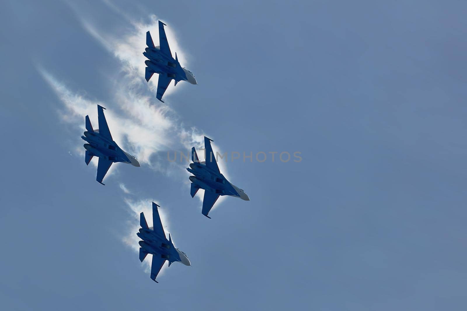 Performance of the aerobatic team Russian Knights, Russian Air Force. On planes Sukhoi Su-30SM, NATO code name: Flanker-C. International Military-Technical Forum Army-2020 . 09.25.2020, Moscow, Russia
