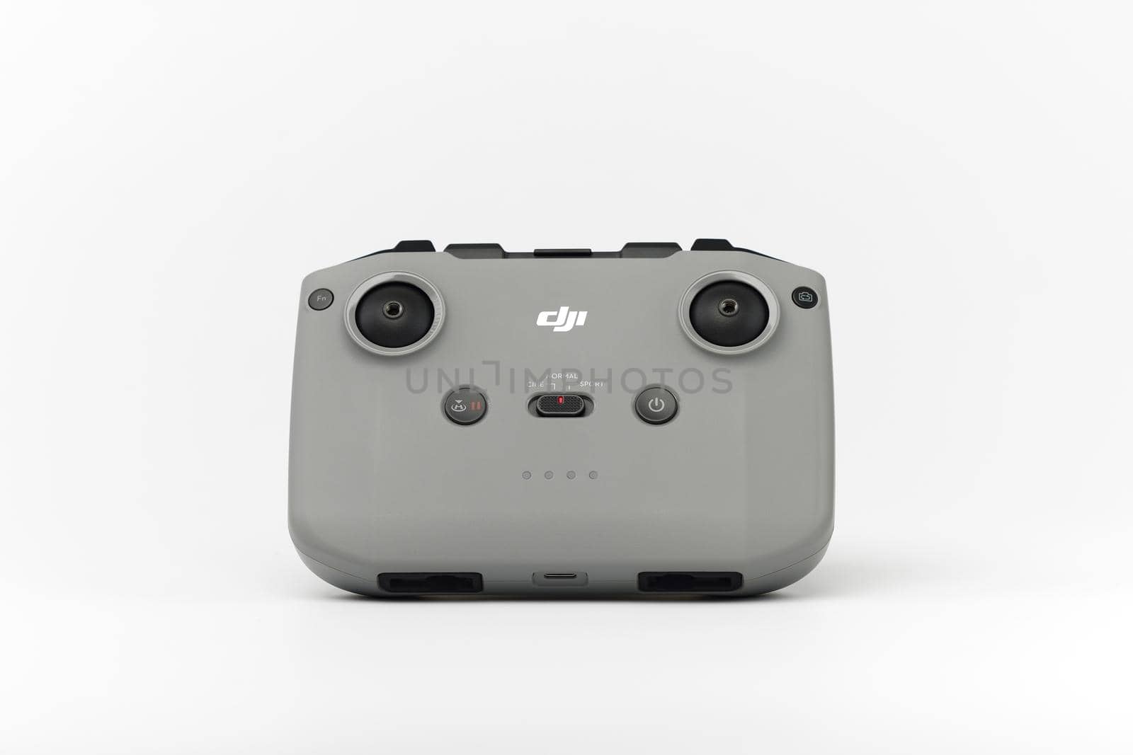 DJI remote control on white background. Control stick of the DJI Mavic 3 drone. Unpacking and configuring the DJI copter. 17.12.2021, Rostov region, Russia.
