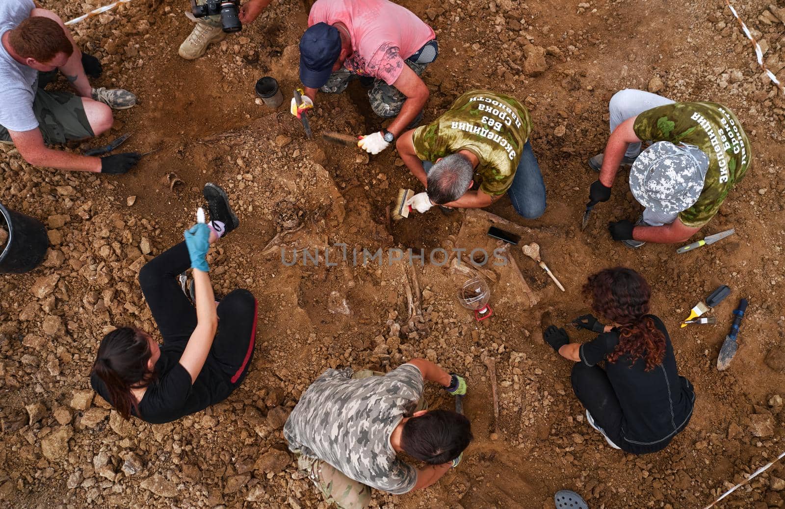 Excavations at the site of a war crime. Site of a mass shooting of people. Human remains (bones of skeleton, skulls). Human remains of victims of the Nazis. 28.08.2021, Rostov region, Russia.