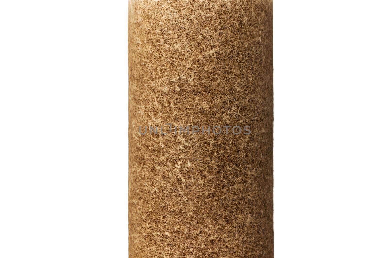 Dirty water filter on a white background. A coarse water filter, from a multi-stage purification system, after several months of operation. Used dirty water filters.