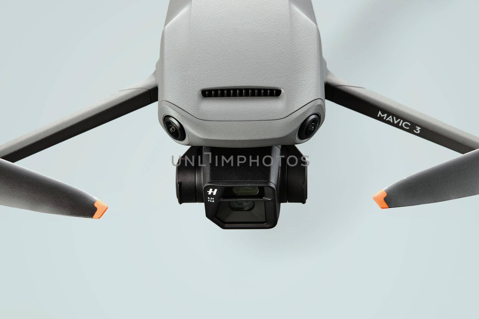 Drone portrait. Copter with professional Hasselblad camera. Commercial UAV, New DJI Mavic 3 drone. 17.12.2021, Rostov region, Russia.