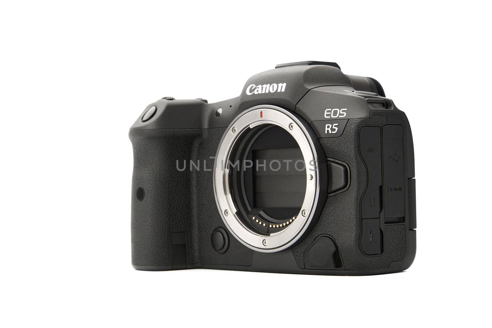 Canon EOS R5 Mirrorless Digital Camera with 8k raw video on a white background. One of the most powerful mirrorless cameras on the market. 03.04.2021, Rostov region, Russia.