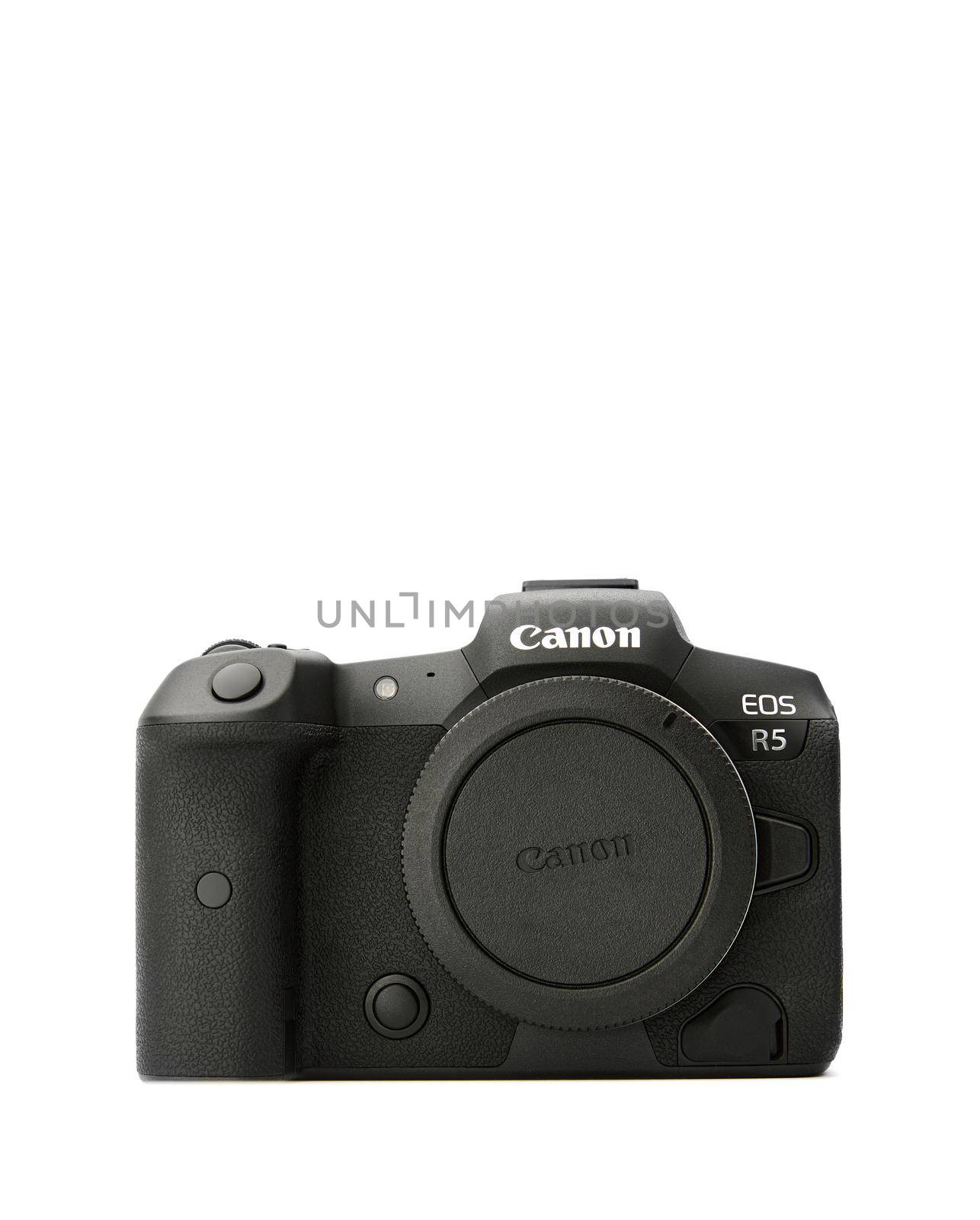 Canon EOS R5 Mirrorless Digital Camera with 8k raw video on a white background. One of the most powerful mirrorless cameras on the market. 03.04.2021, Rostov region, Russia by EvgeniyQW