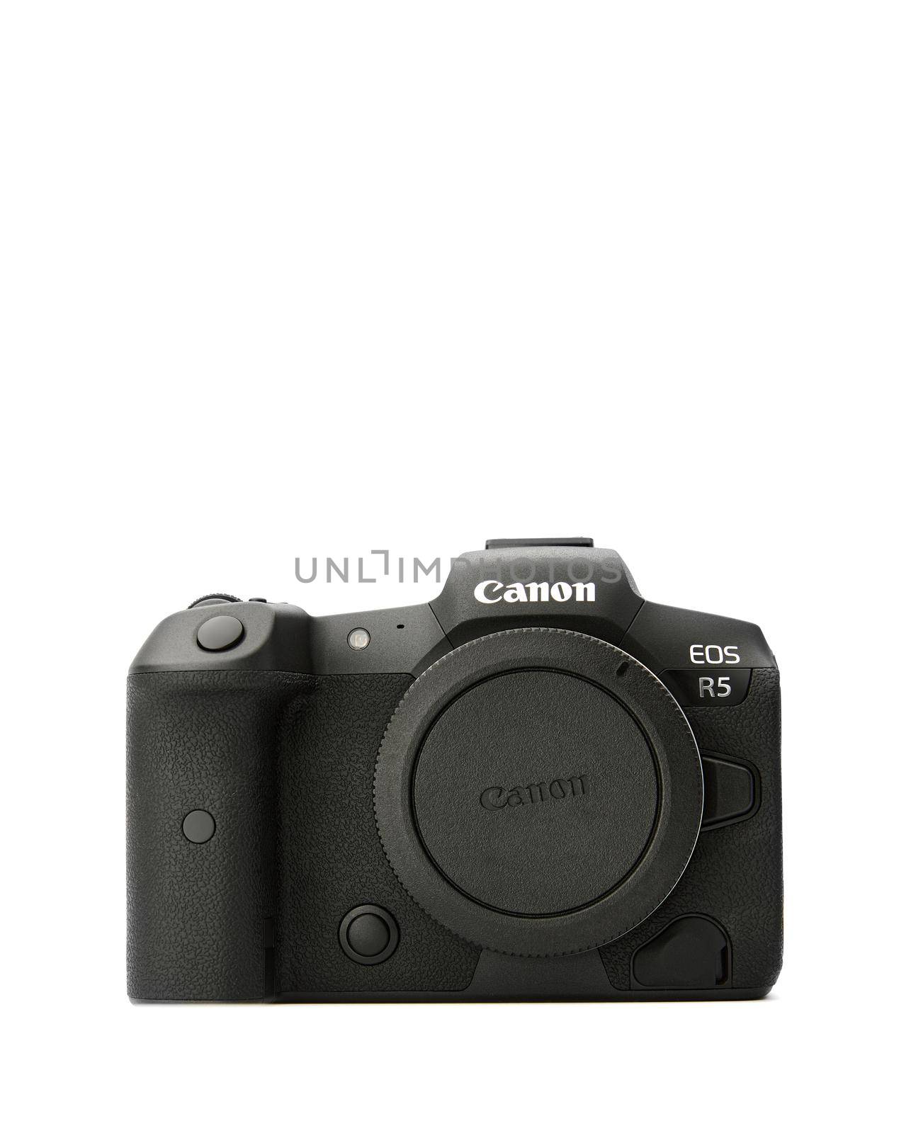 Canon EOS R5 Mirrorless Digital Camera with 8k raw video on a white background. One of the most powerful mirrorless cameras on the market. 03.04.2021, Rostov region, Russia.