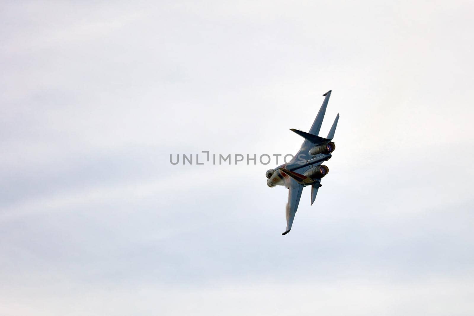 Performance of the aerobatic team Russian Knights, Russian Air Force. On planes Sukhoi Su-30SM, NATO code name: Flanker-C. International Military-Technical Forum Army-2020 . 09.25.2020, Moscow, Russia