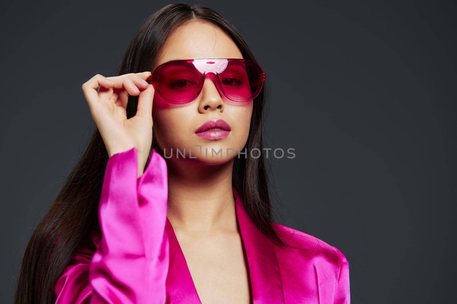 portrait woman bright makeup pink mini dress modern style studio model by SHOTPRIME