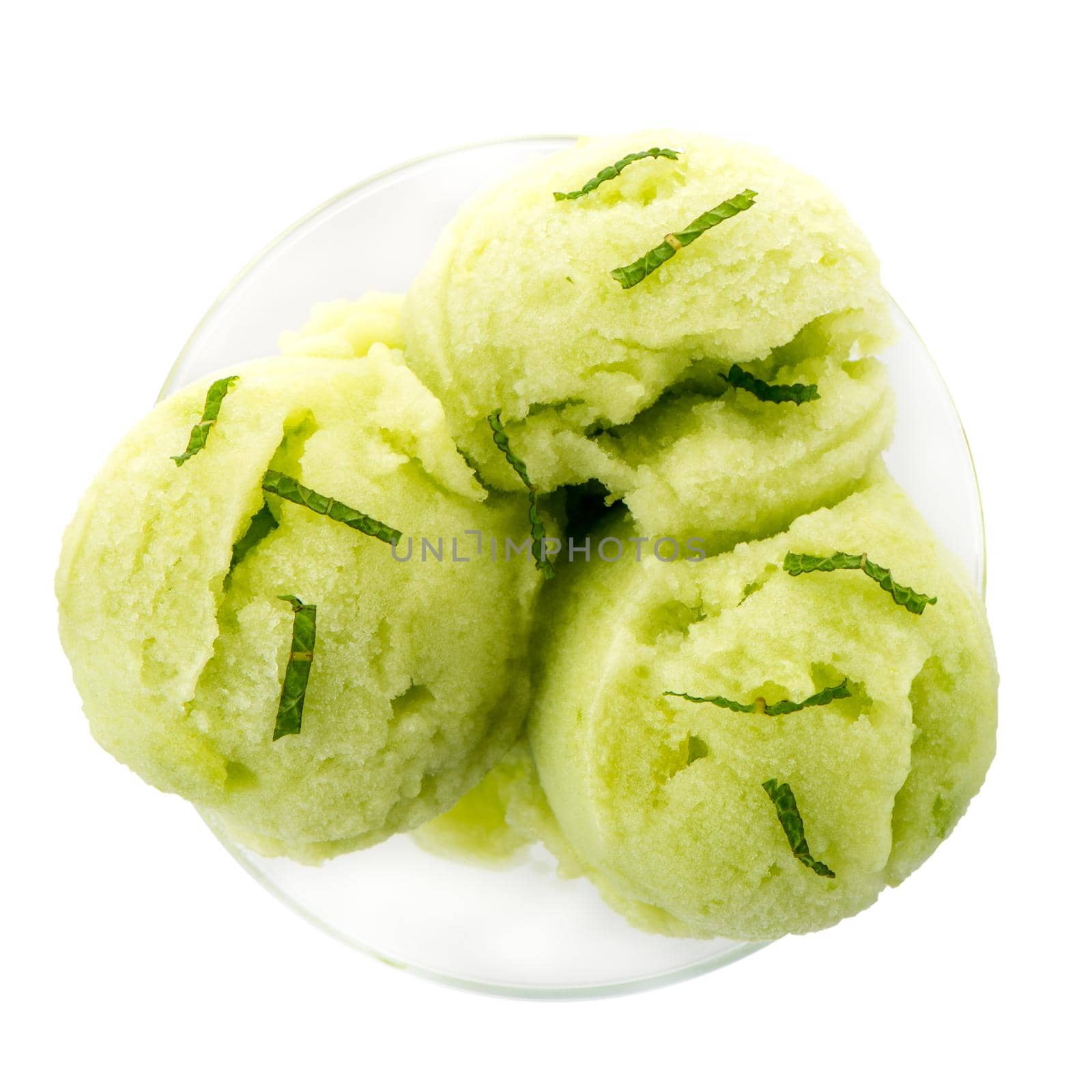 Close up of melon flavored ice-cream isolated on white background.