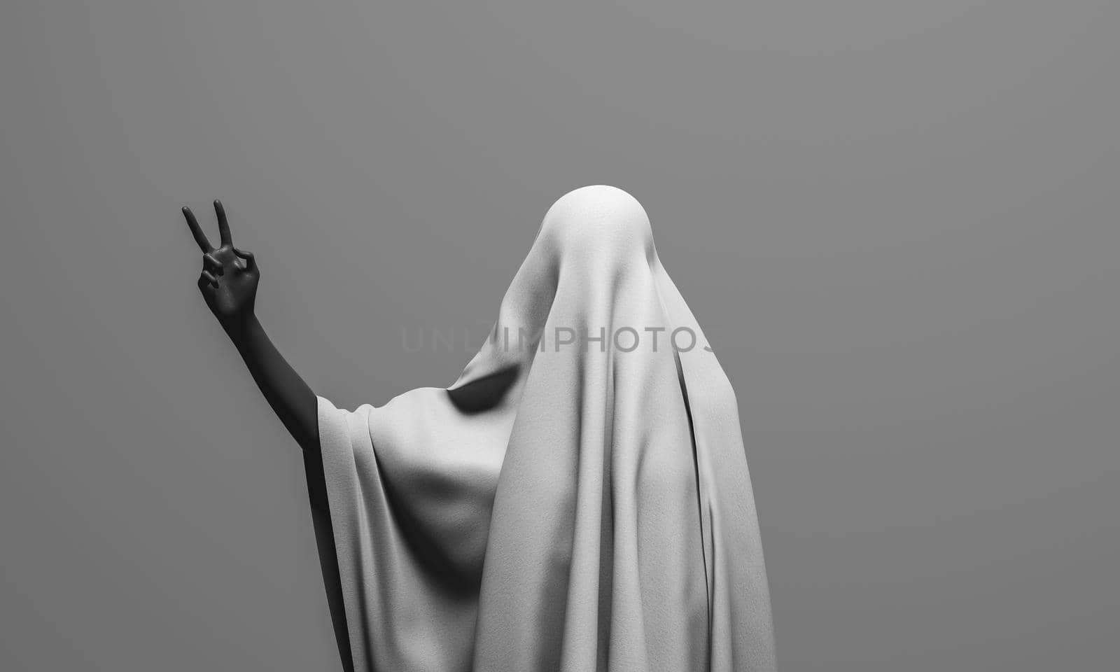 ghost waving with a black hand on grey background. halloween concept. 3d rendering