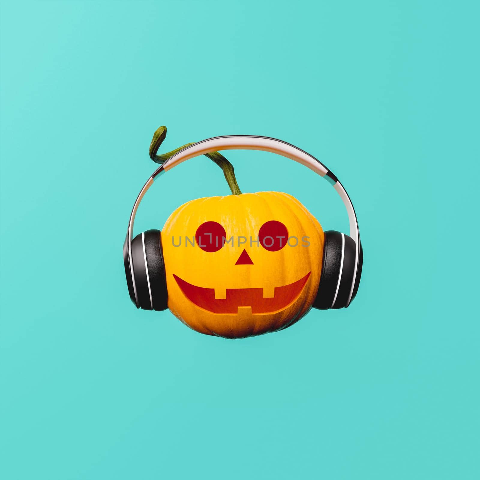 halloween pumpkin with happy face and headphones on blue background. musical avatar. 3d rendering