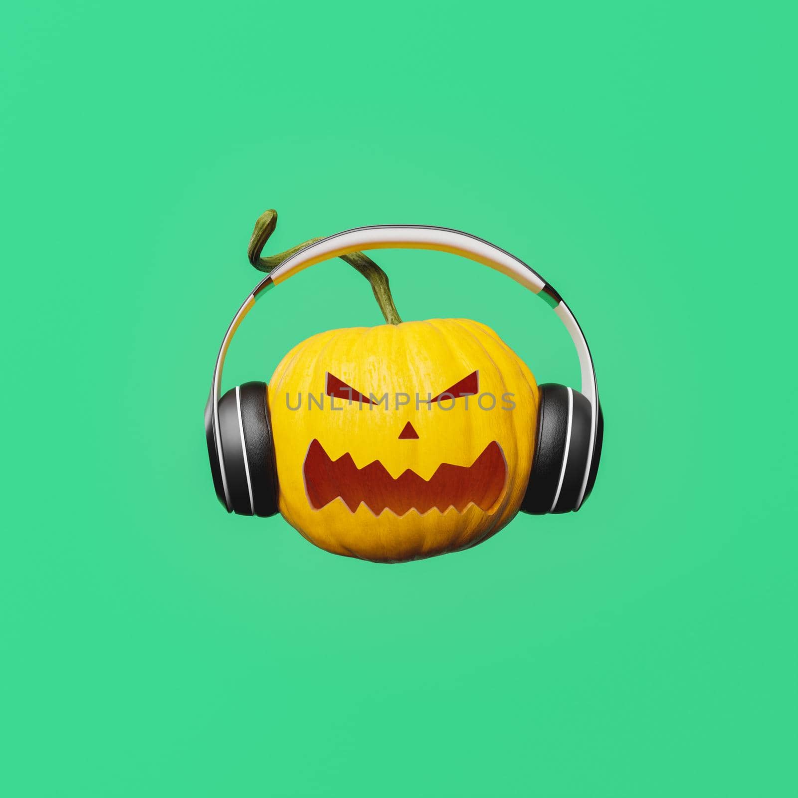halloween pumpkin with angry face and headphones on green background. musical avatar. 3d rendering