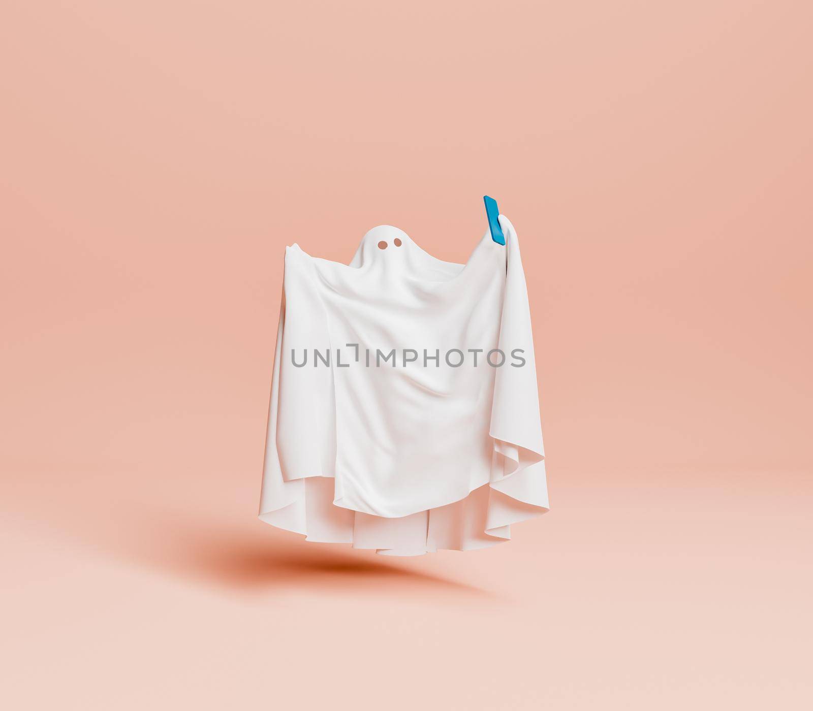 ghost taking a selfie with a smartphone. minimal Halloween concept and social media. 3d rendering