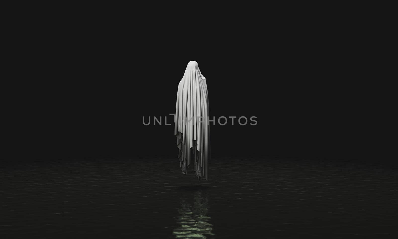 evil spirit levitating over a dark lake. ghost with dark body. spooky scene. halloween concept. 3d rendering